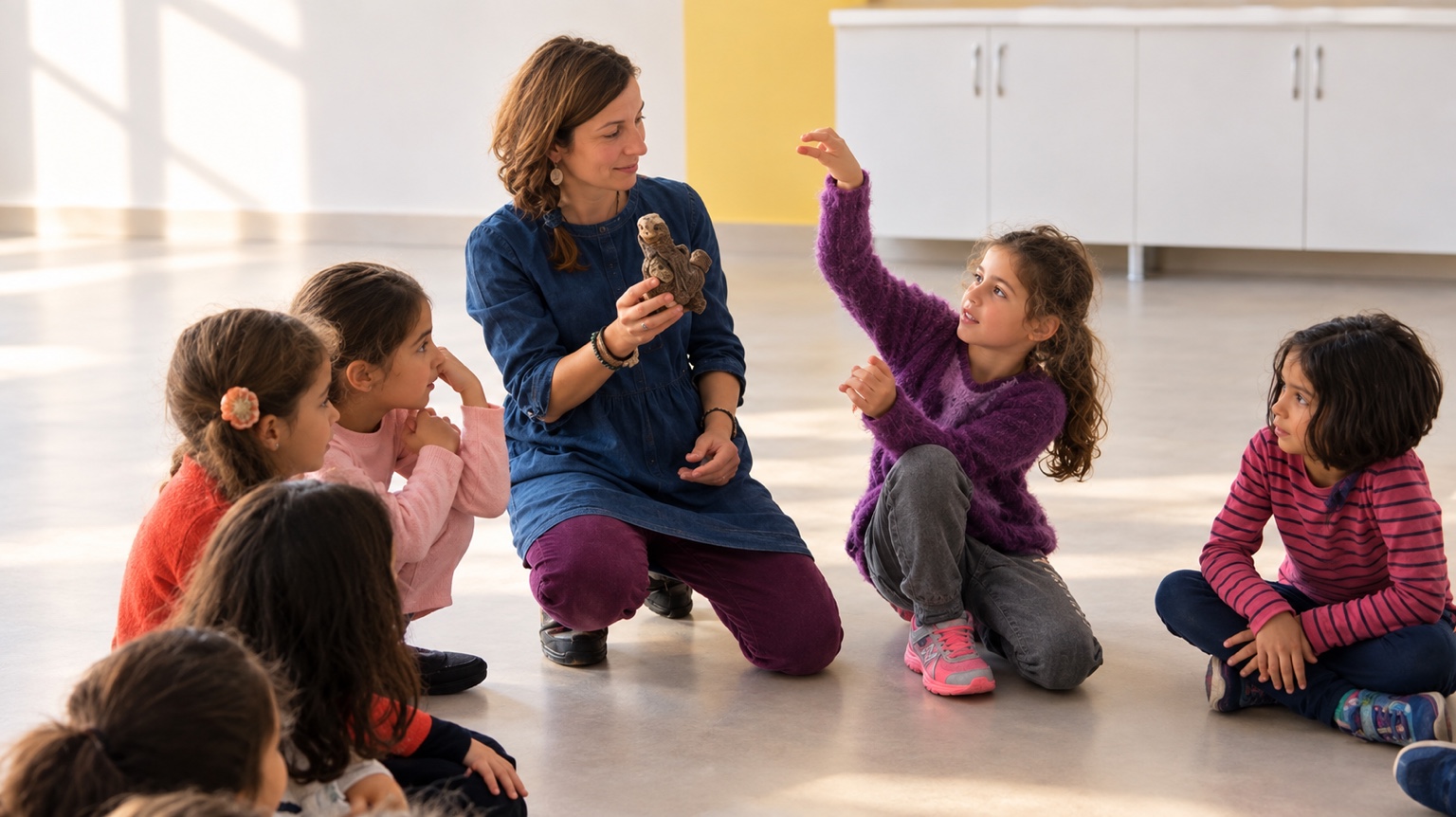 Çocuklarla bir atölye buluşmasında Ayşegül